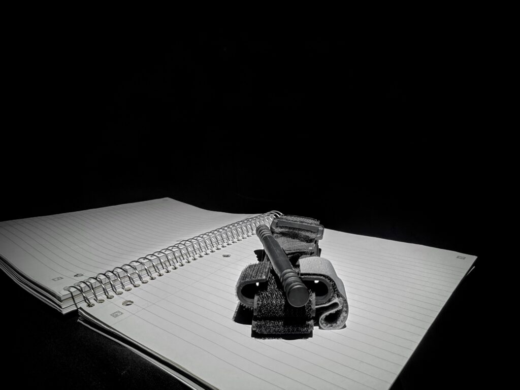 A black tourniquet sits on an open notebook. The pages are blank.